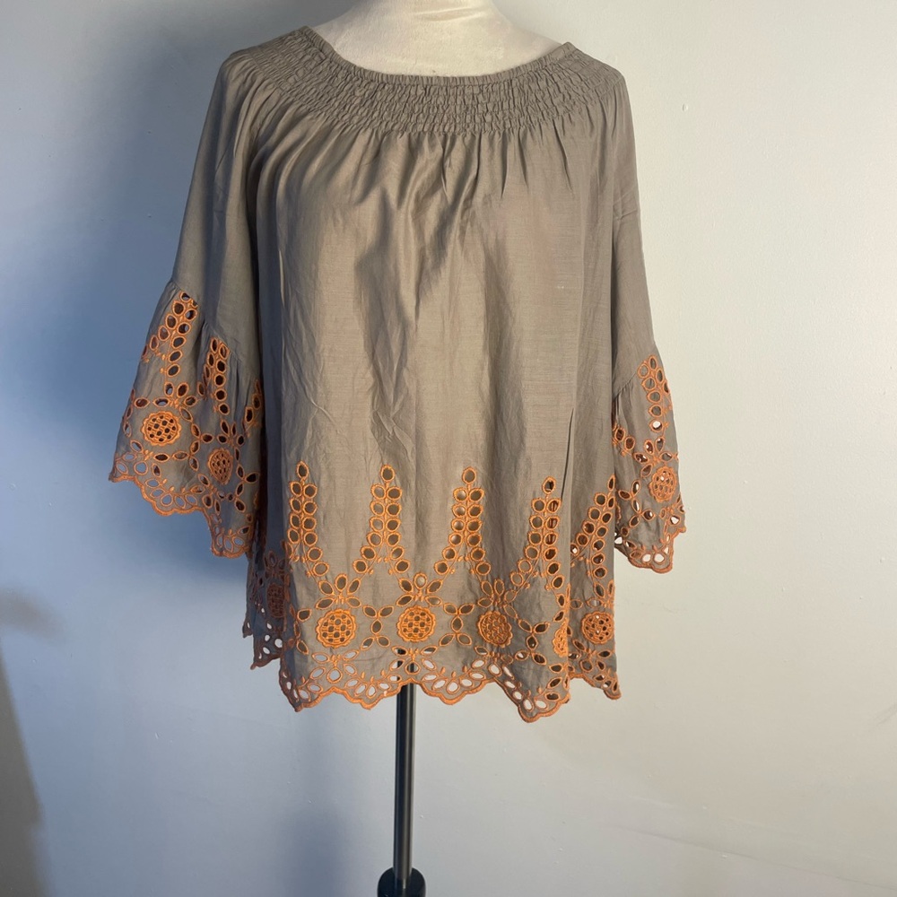 Ivy Jane Tan Blouse with Orange Stitching